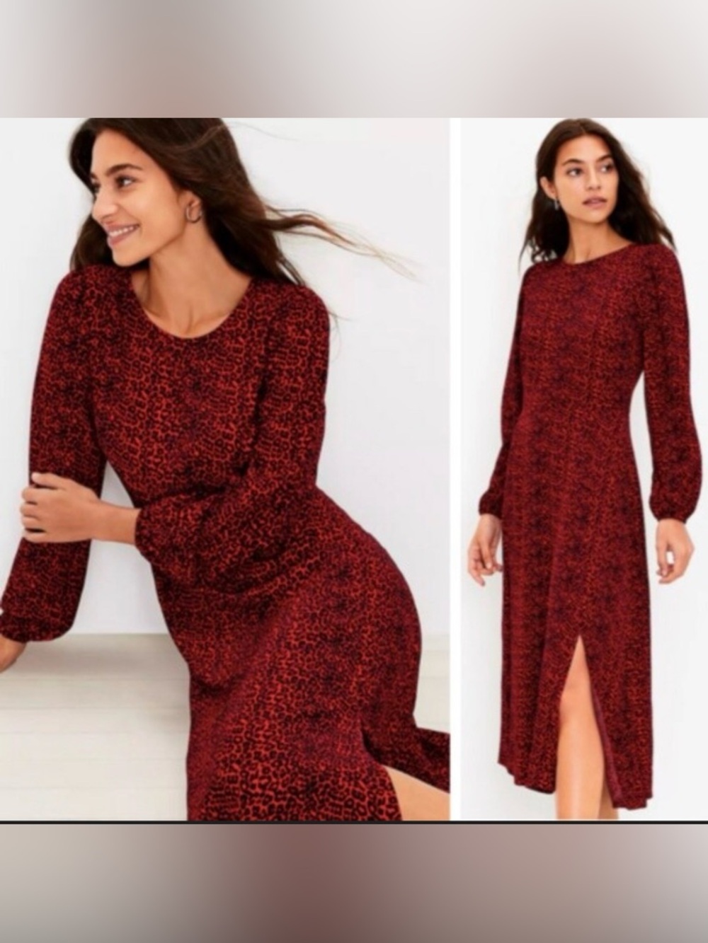LOFT Red Leopard-Print Long Sleeve Midi Dress